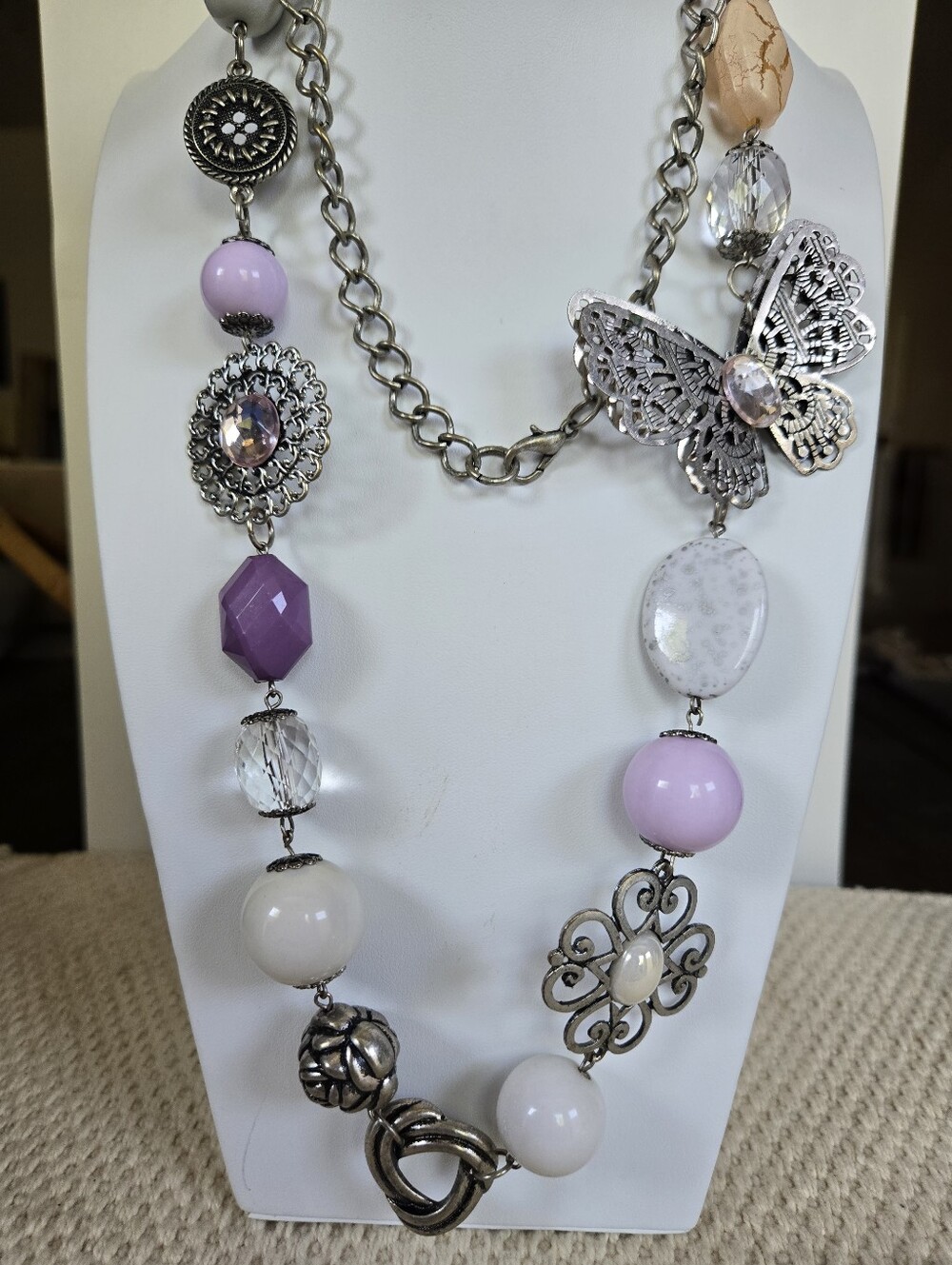 N-115-Long Fashion Statement Lavender Bead & Silver Butterfly Necklace